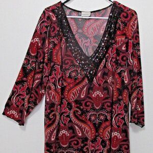 Size 26/28 Fashion Bug Top Red Black White Paisley Sequin V-neck 3/4 Sleeve